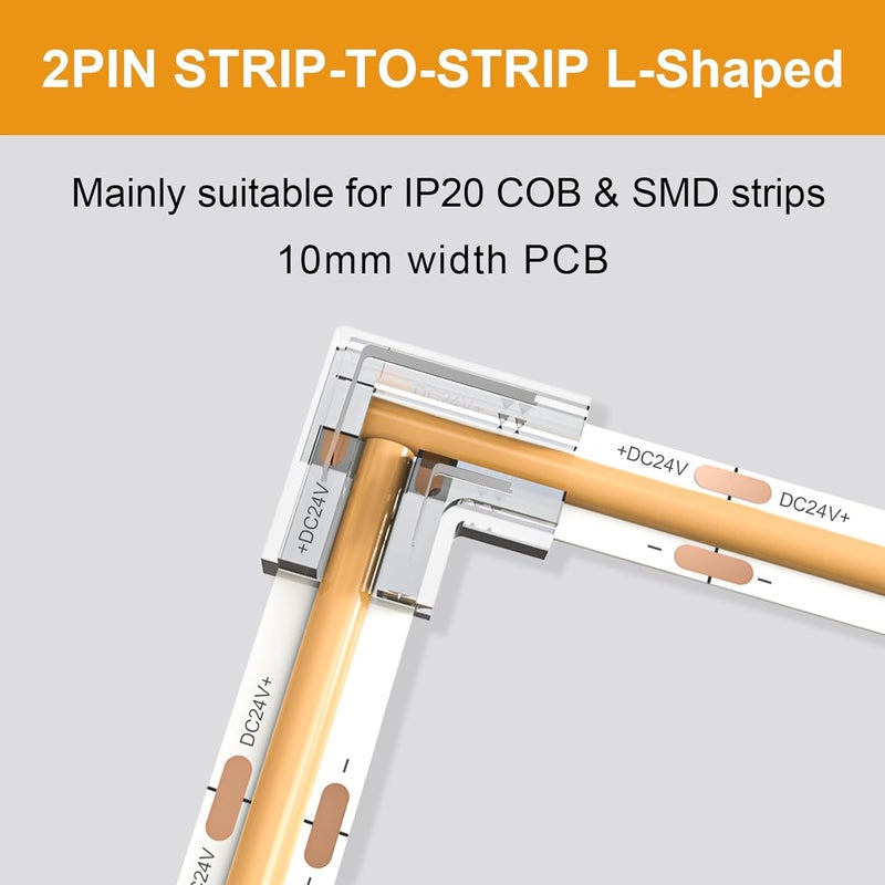 VISDOLL 10mm 2Pin COB LED Light Strip Connectors 20pcs L-Shaped/Corner Connector Transparent Gapless LED Tape Light Connectors, No Dark Area for DIY COB/SMD Strip Lights - Image 2